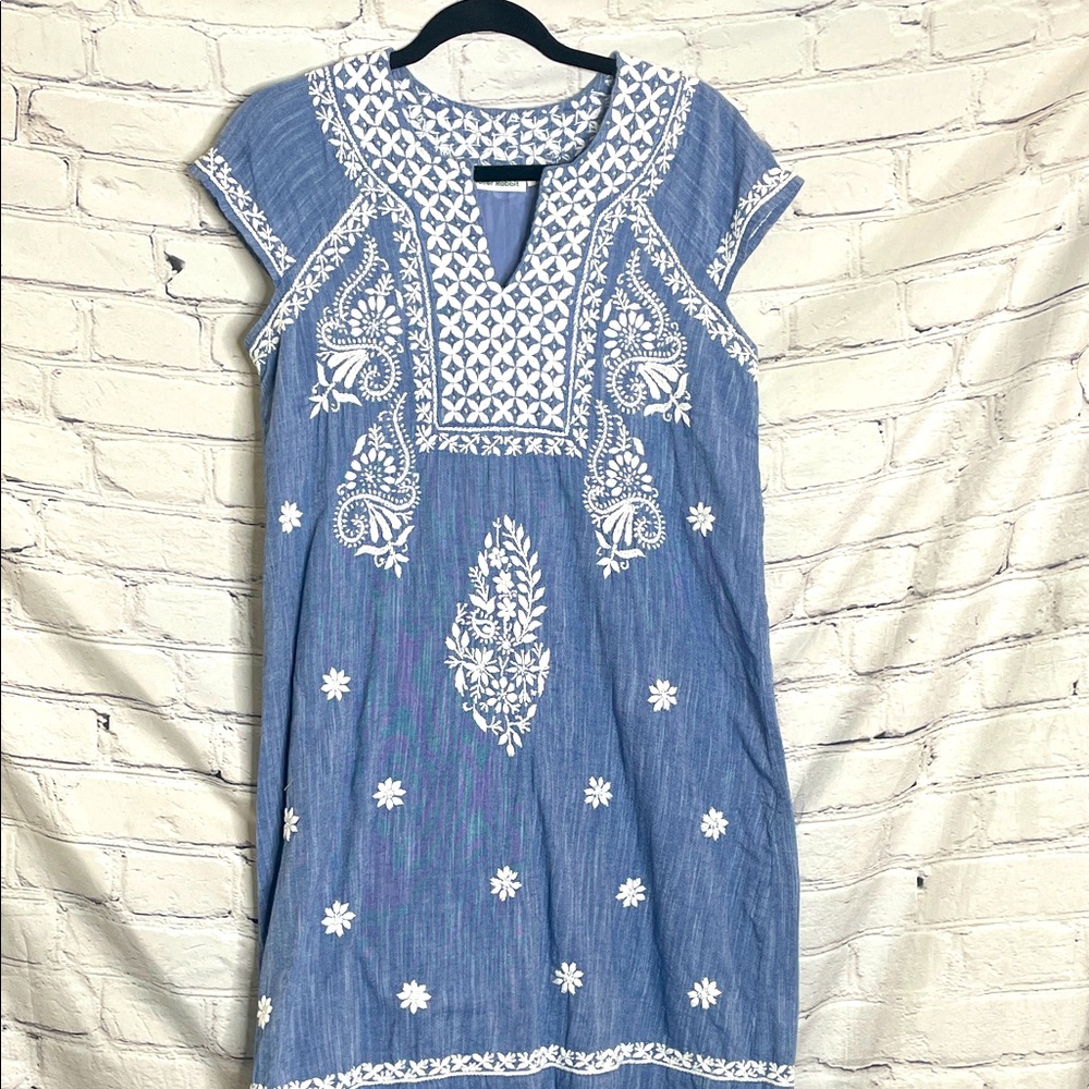 Roller Rabbit Blue  White Embroidered Capped Sleeve Dress Size Small